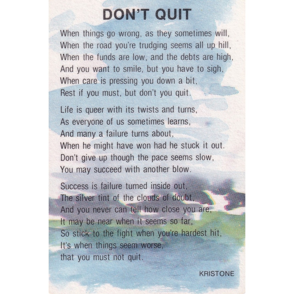 Vintage Kristone Don't Quit Plastic Wallet Card Inspirational Motivational Poem
